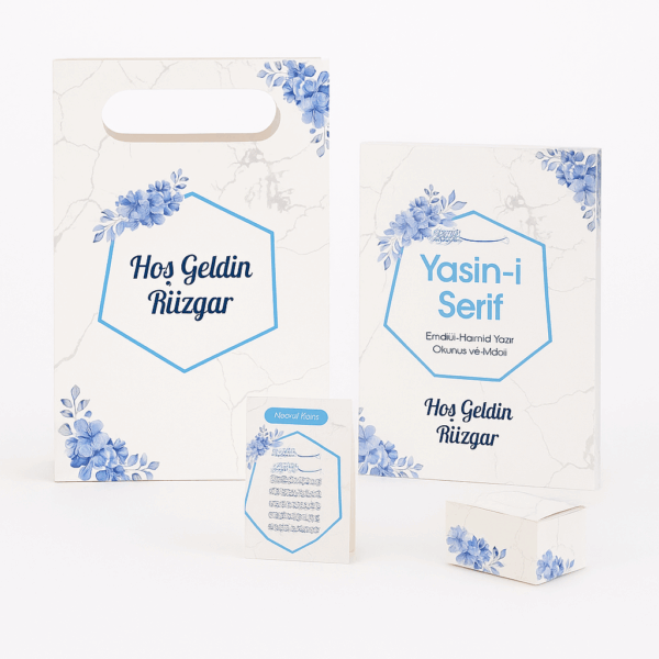 İslami Geometri Mavi Renkli Yasin Kitabı, Lokum Kutusu, Magnet ve Karton Çanta