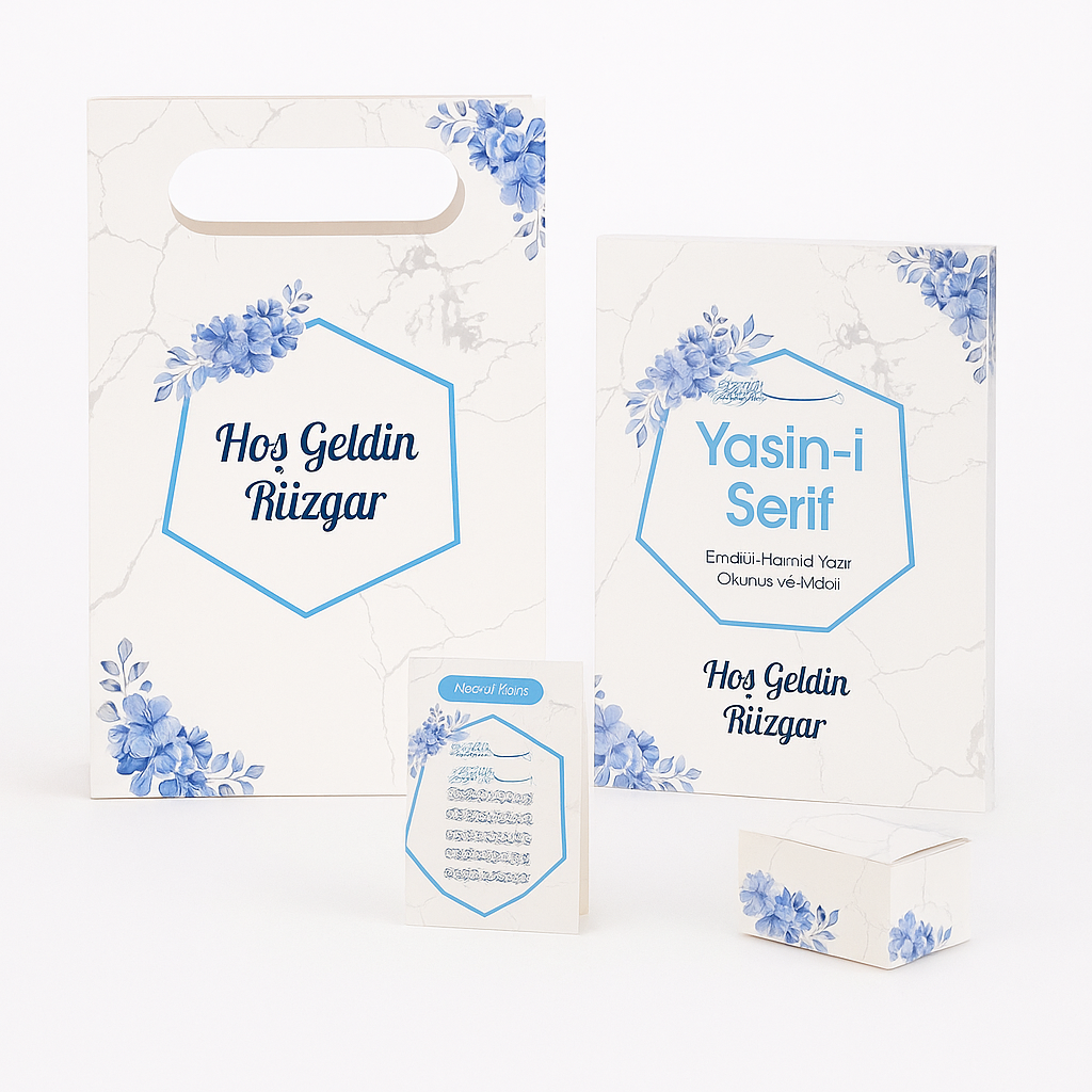 2222 İslami Geometri Mavi Renkli Yasin Kitabı, Lokum Kutusu, Magnet ve Karton Çanta - Görsel 1