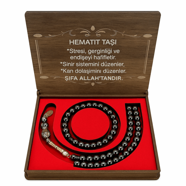 Hematit Taşı Tesbih ve Bileklik – Doğal Taşlı Hediyelik Ahşap Kutulu Set