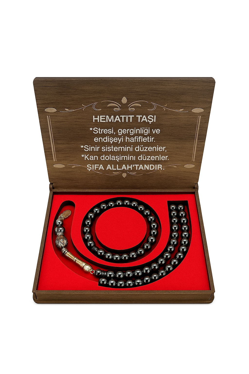 Hematit Hematit Taşı Tesbih ve Bileklik – Doğal Taşlı Hediyelik Ahşap Kutulu Set - Görsel 1