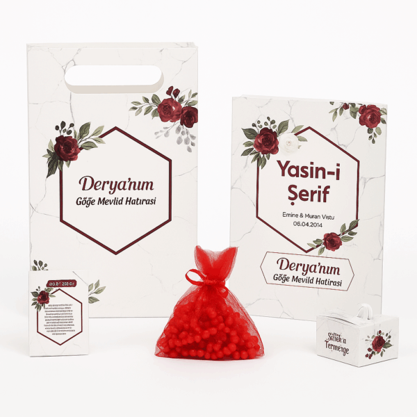 İslami Geometri Kırmızı Renkli Yasin Kitabı, Lokum Kutusu, Magnet ve Karton Çanta