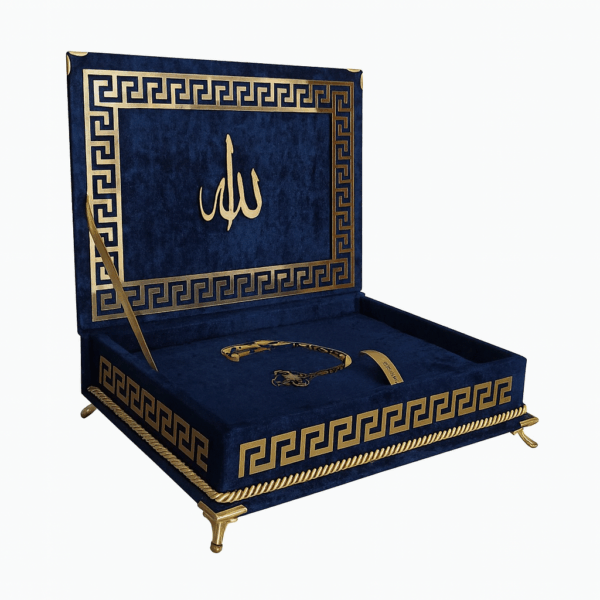 Ayaklı Plaket Kadife Kaplı Kuran-ı Kerim (Mavi)