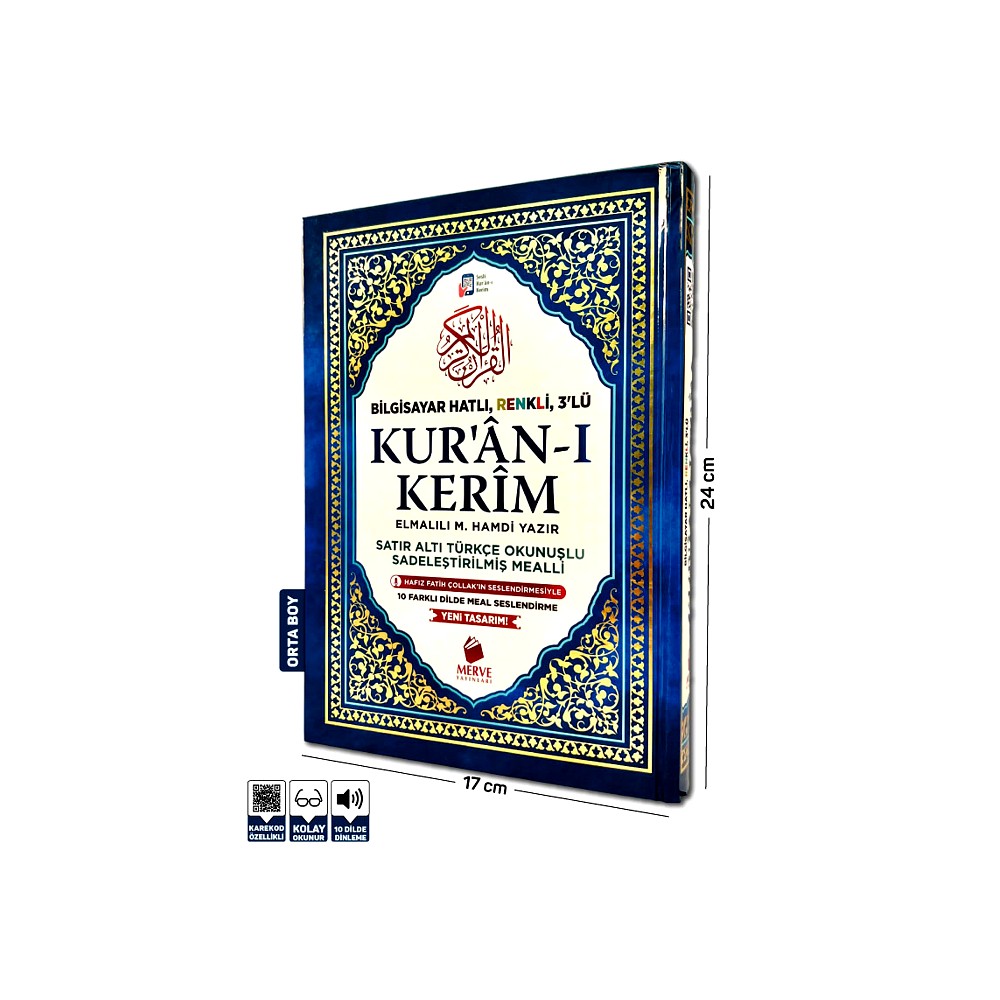 final_blue_meal_book Bilgisayar Hatlı, Renkli, 3’lü, Satır Altı Türkçe Okunuşlu ve Sadeleştirilmiş Mealli Kur’an-ı Kerim (Orta Boy, 17x24 cm) – Merve Yayınları - Görsel 1