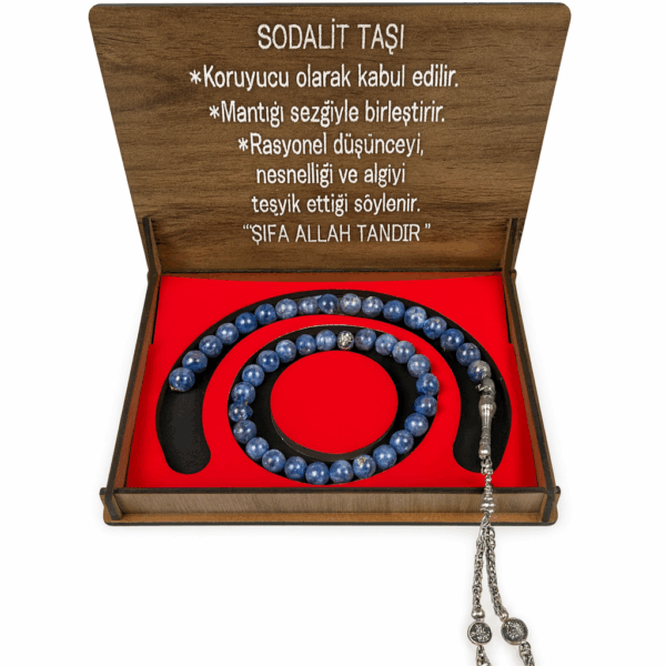 Sodalit Taşı Tesbih ve Bileklik – Doğal Taşlı Hediyelik Ahşap Kutulu Set