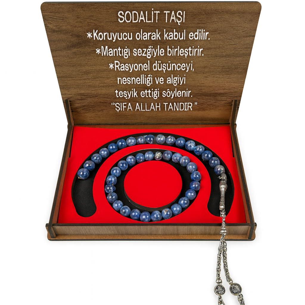 sodalit Sodalit Taşı Tesbih ve Bileklik – Doğal Taşlı Hediyelik Ahşap Kutulu Set - Görsel 1