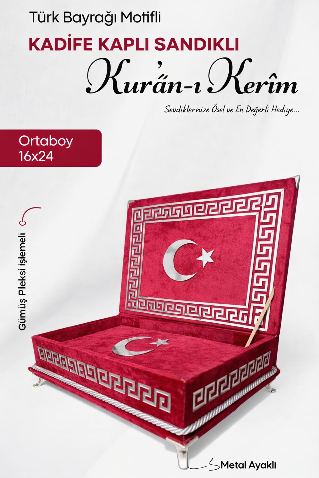 15_1 Ayaklı Plaket Kadife Kaplı Kur’an-ı Kerim H-200 (Türk Bayrağı) - Görsel 1