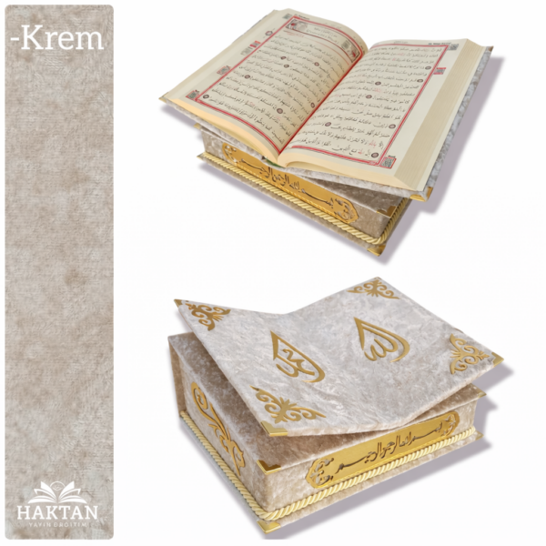 Rahle Özellikli Kadife Kaplı Kur’an-ı Kerim H-166 (Krem)