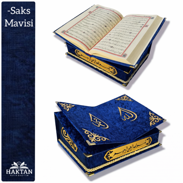 Rahle Özellikli Kadife Kaplı Kur’an-ı Kerim H-166 (Mavi)