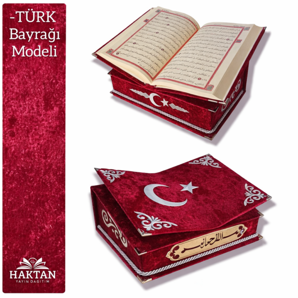 Rahle Özellikli Kadife Kaplı Kur’an-ı Kerim H-166 (Türk Bayrağı)