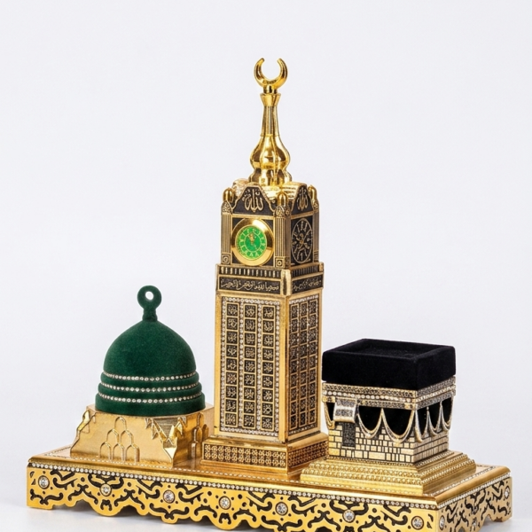 Kabe, Zemzem Tower ve Mescid-i Nebevi Altın – Dekoratif İslami Obje (27x27 cm)