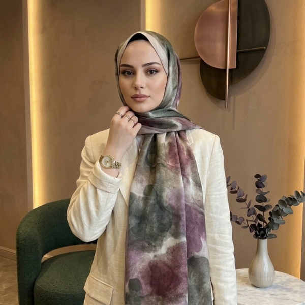 Suluboya Bulut Desenli Hijab Şal – Pamuklu, Altın Detaylı – Kaymaz, Nefes Alan, Kırışmaya Dayanıklı