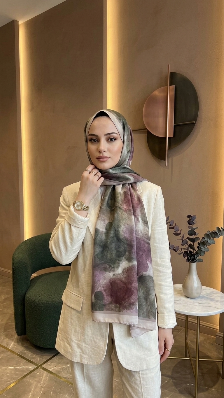 ana Suluboya Bulut Desenli Hijab Şal – Pamuklu, Altın Detaylı – Kaymaz, Nefes Alan, Kırışmaya Dayanıklı - Görsel 1